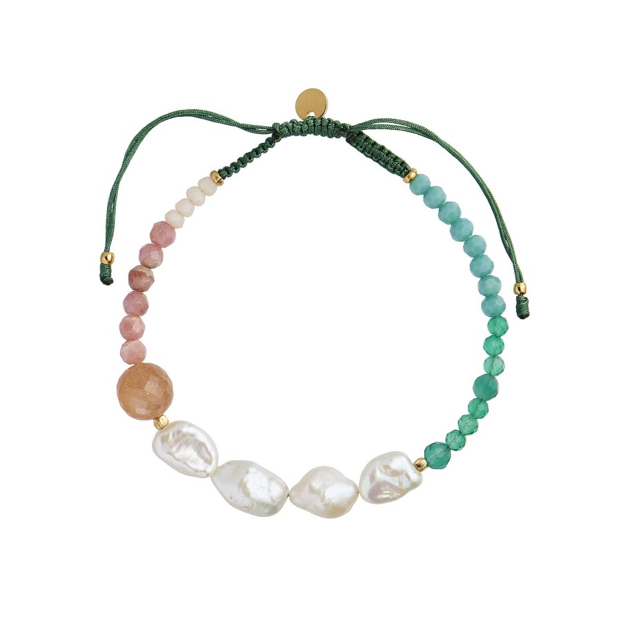 Armb Nd STINE A Jewelry | Powder Fall Bracelet With Stones And Pearls Pine Green Ribbon